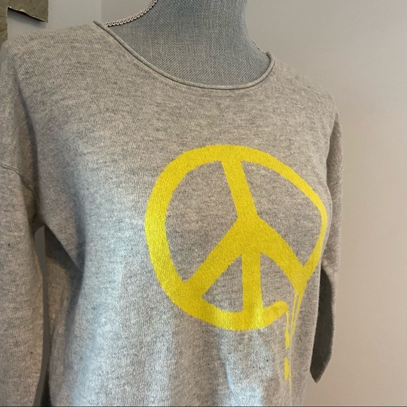 Autumn Cashmere Sweaters - Autumn Cashmere 3/4 sleeve grey cashmere sweater with peace sign